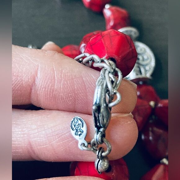 Premier Designs Red Coral Stone Silver Swirl Beaded Necklace - Picture 5 of 5